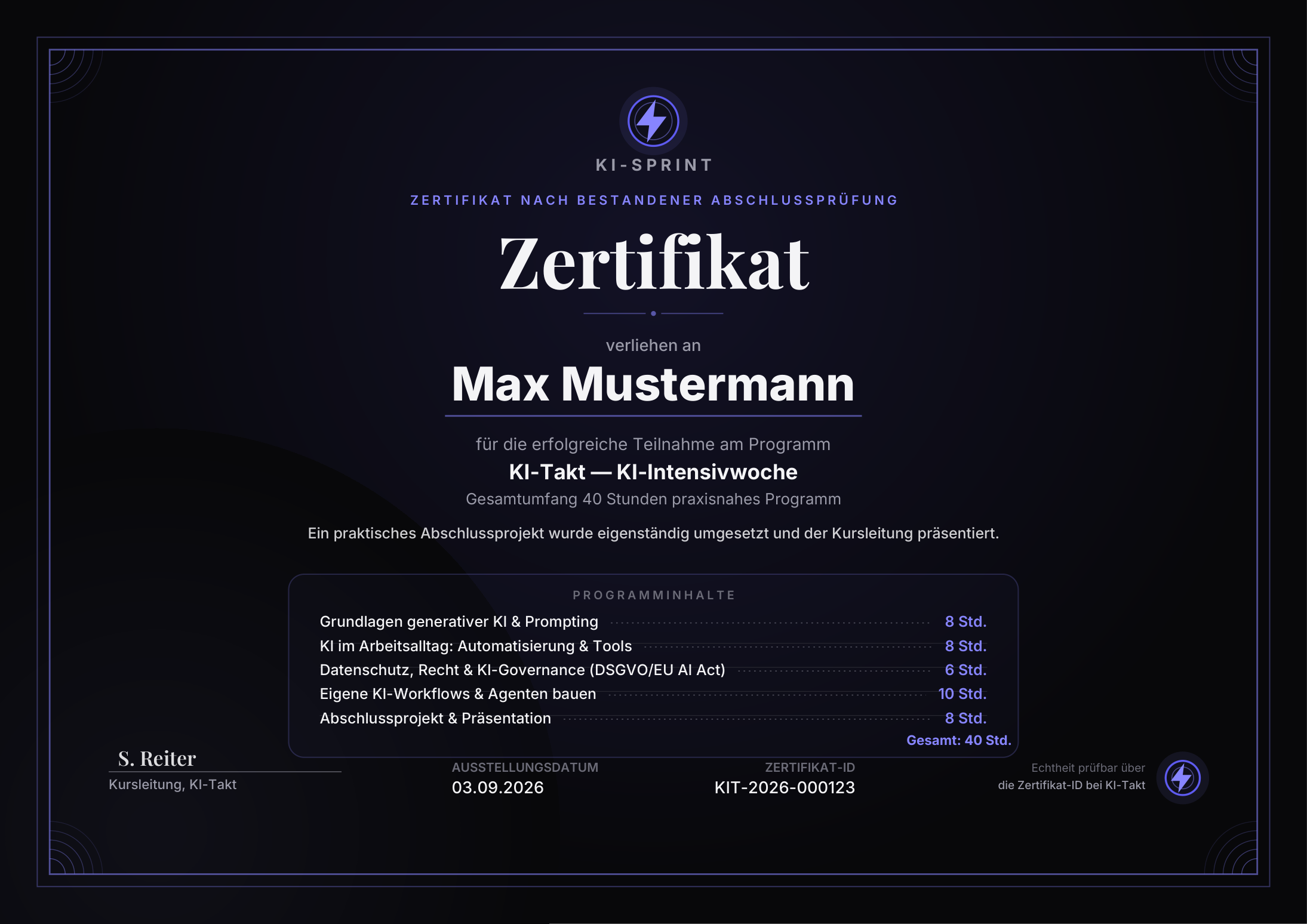 Muster-Zertifikat: KI-Takt — KI-Intensivwoche, ausgestellt an Max Mustermann